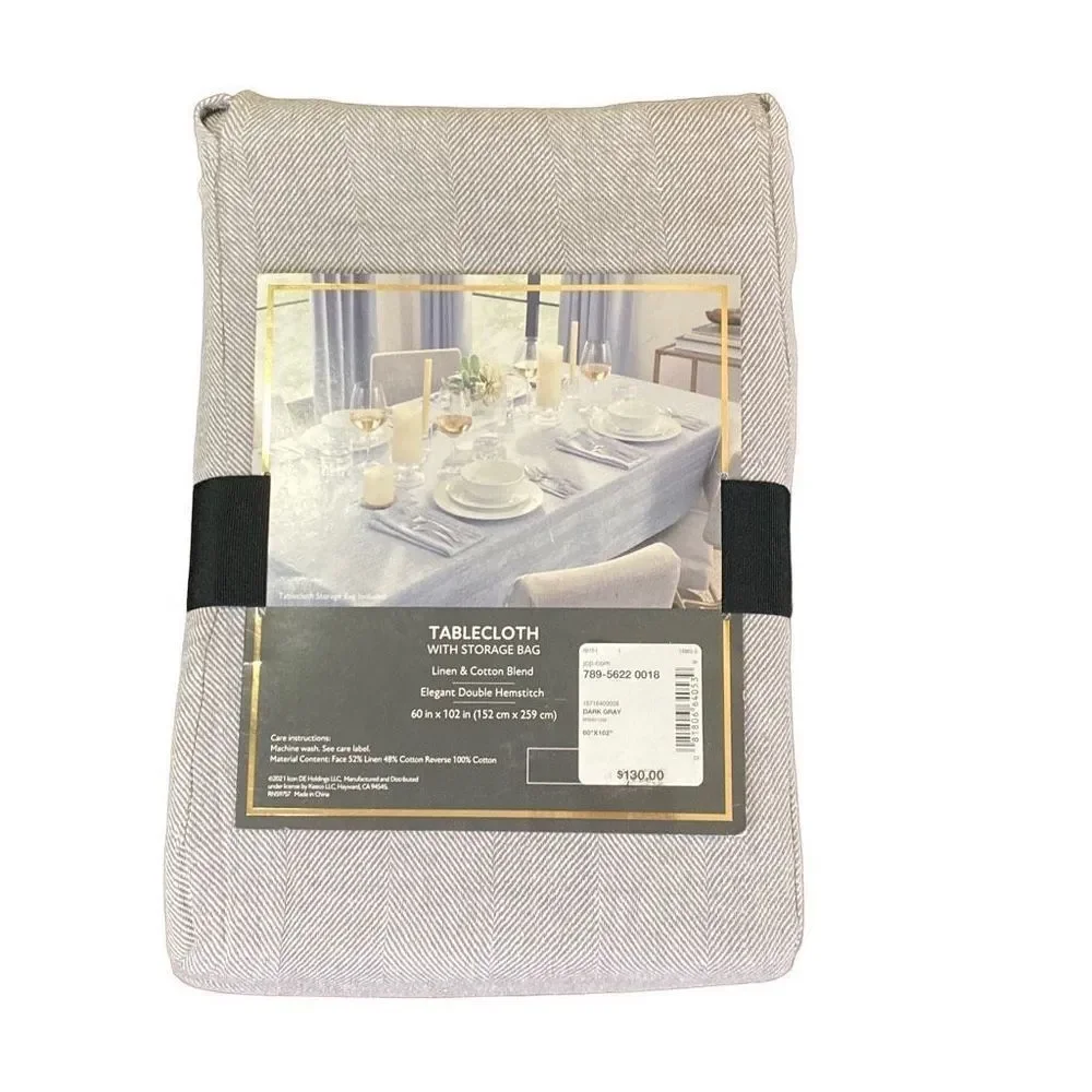 NWT Fieldcrest Luxury Linen Cotton Dark Grey Tablecloth + Storage Bag 60x102